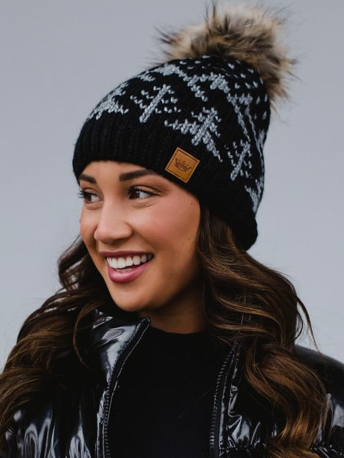 Black and Gray Winter Pattern Pom Beanie Hat