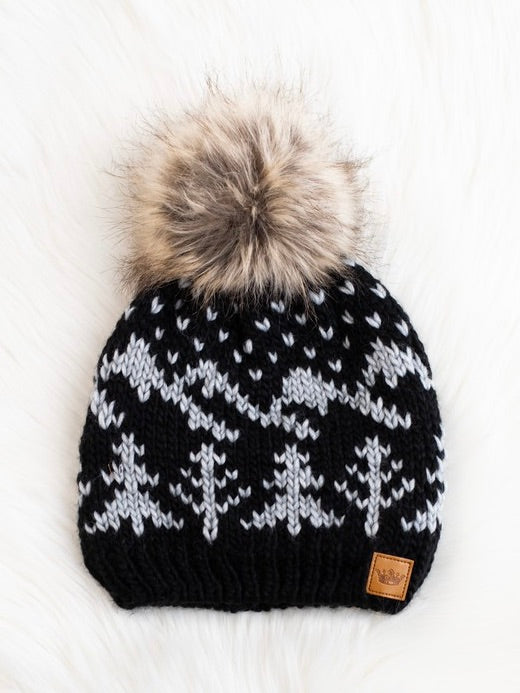 Black and Gray Winter Pattern Pom Beanie Hat