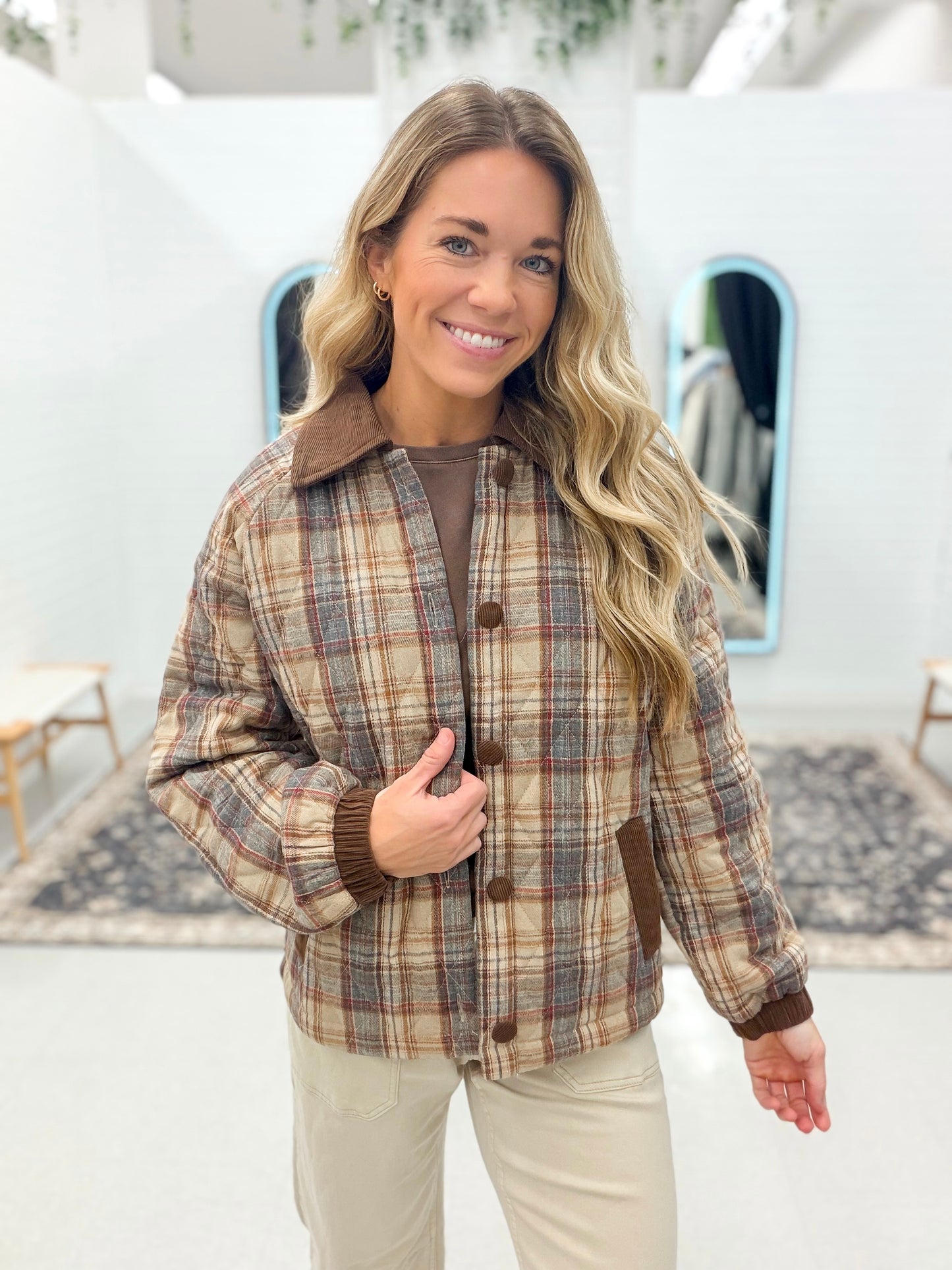 Cool Girl Quilted Plaid Jacket Taupe