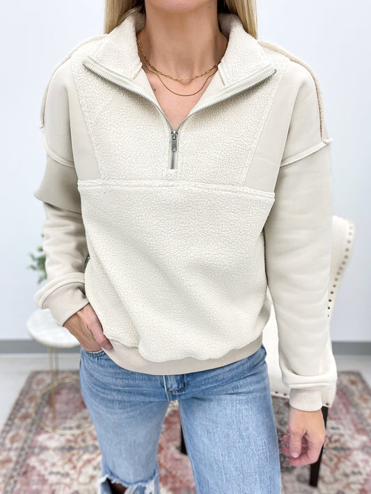 Speak Now Half Zip Fleece Terry Pullover Ivory