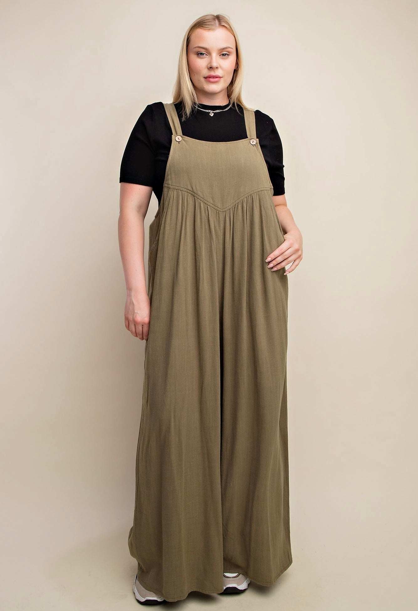 Wishful Thinking Linen Overalls Olive Extended