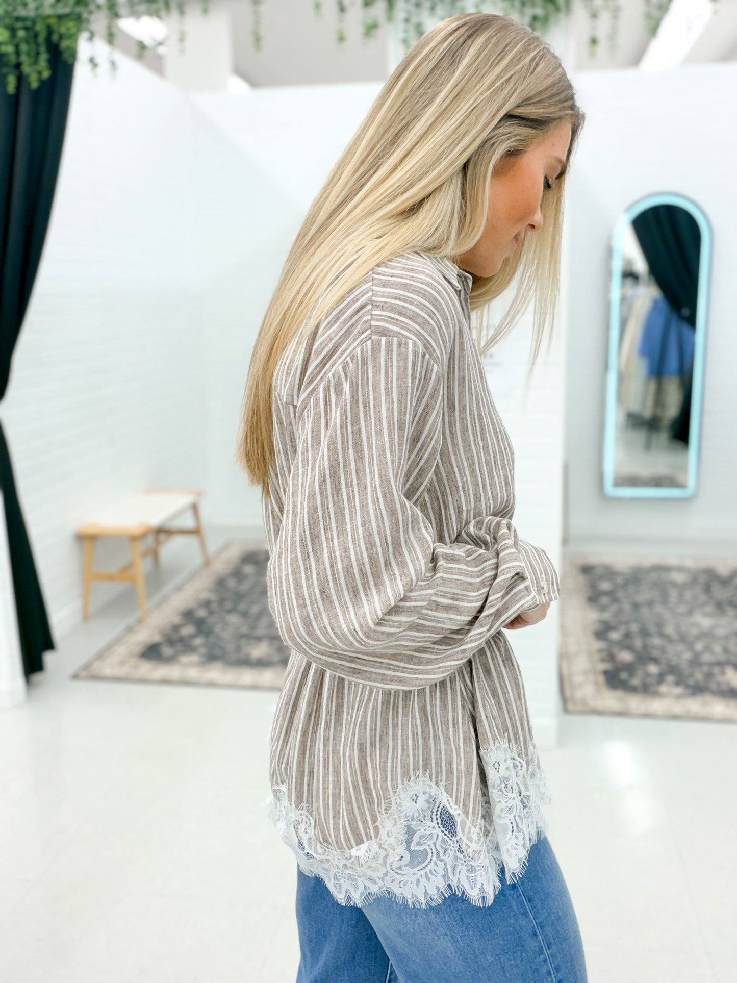 Jenna Lace Trim Striped Button Down Top Mocha Stripe