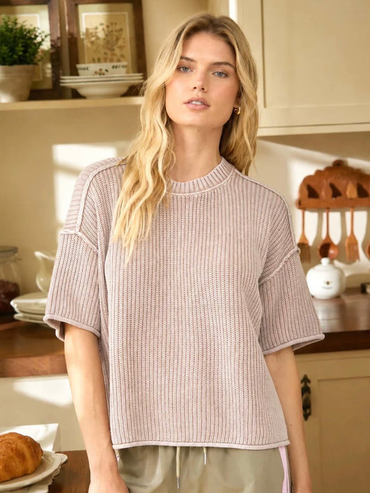 Here For You Washed Crew Short Sleeve Knit Sweater Mocha