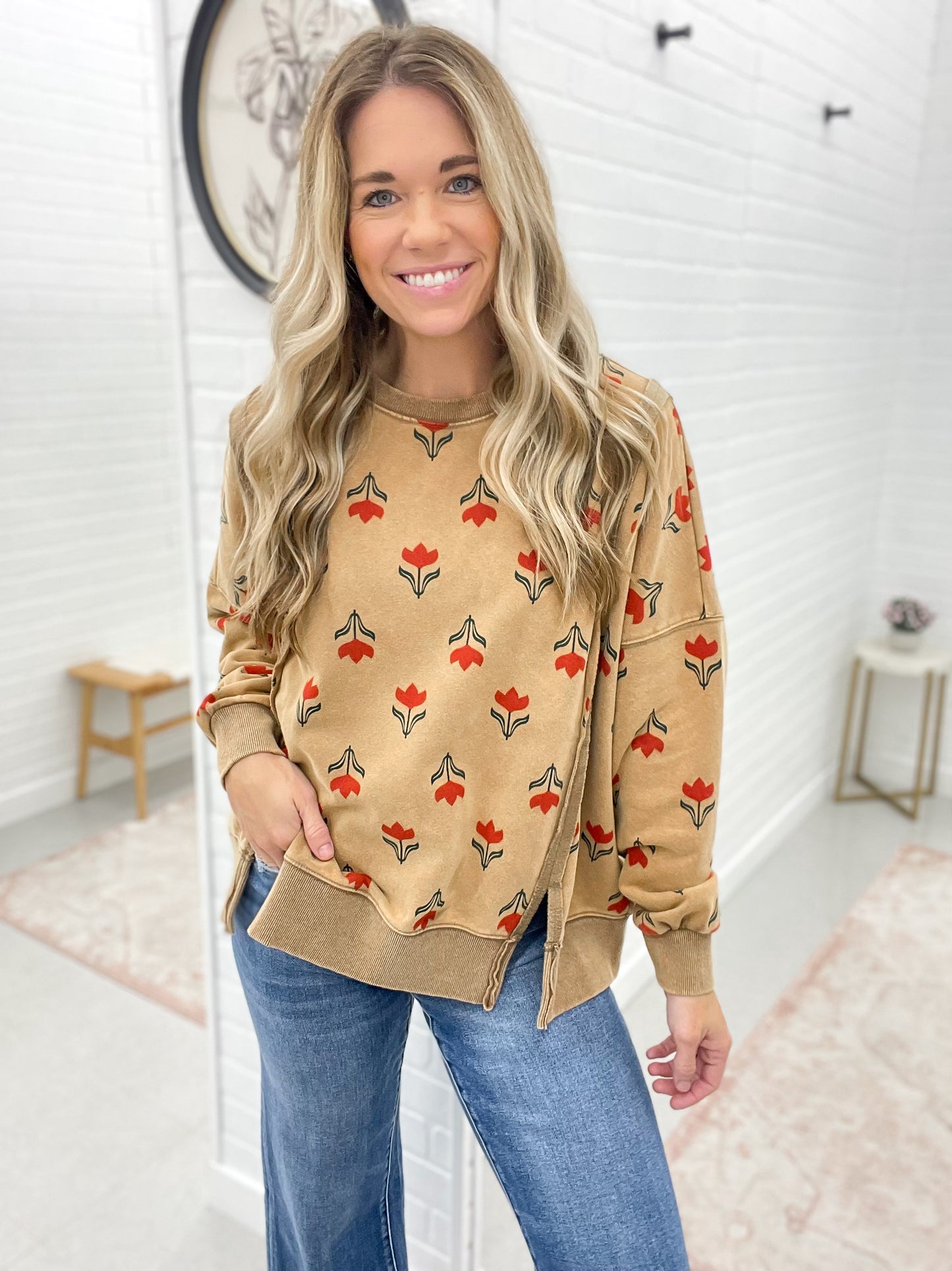 Rooted In Flower Print Mineral Wash Pullover Camel