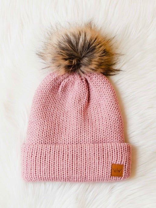 Pink Cable Knit Pom Beanie
