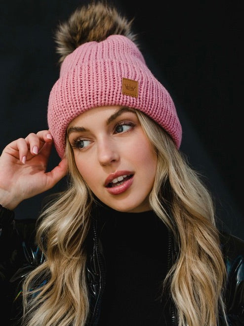 Pink Cable Knit Pom Beanie