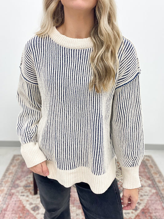 She Will Two-Tone Chenille Crewneck Sweater Navy