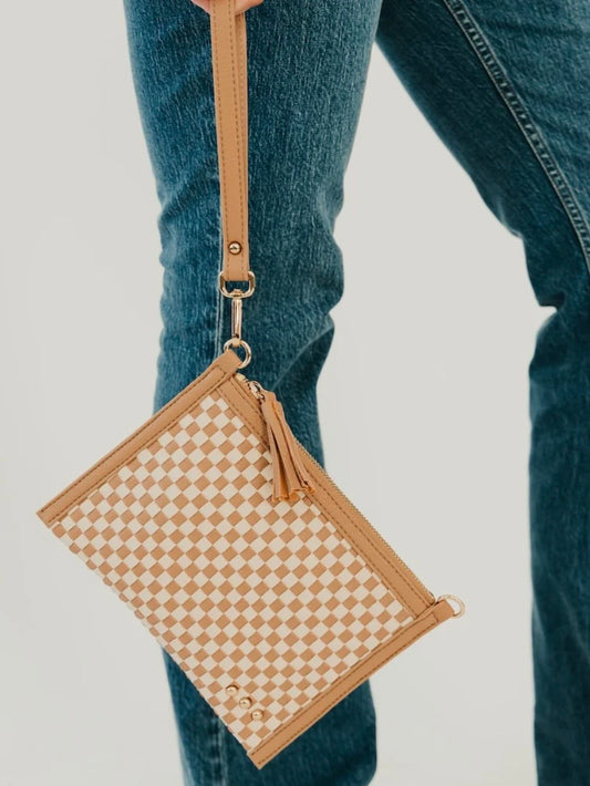 The Veda Woven Crossbody And Clutch Bag Checkered Tan