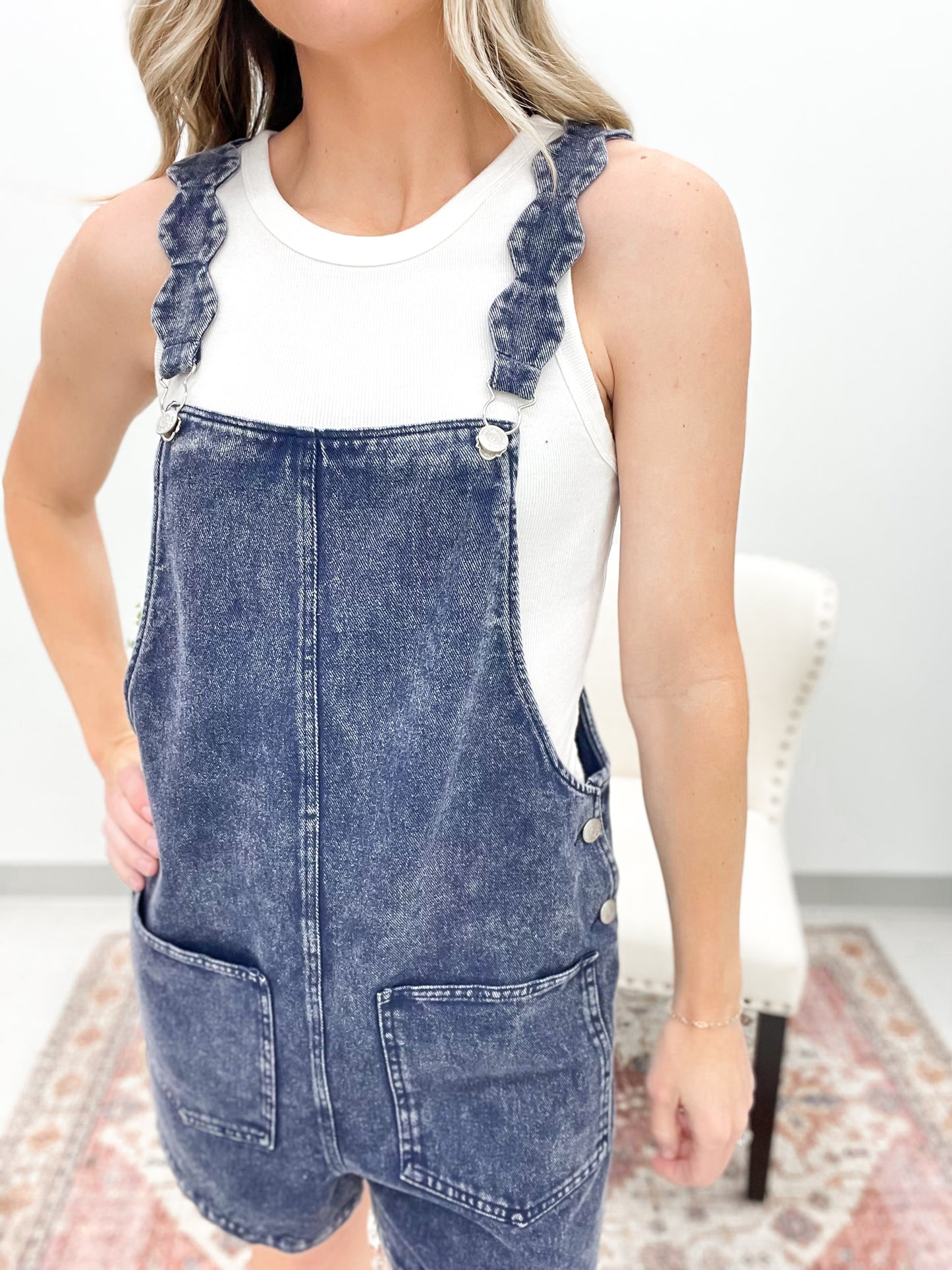 The Sophie Scallop Strap Shortalls Navy