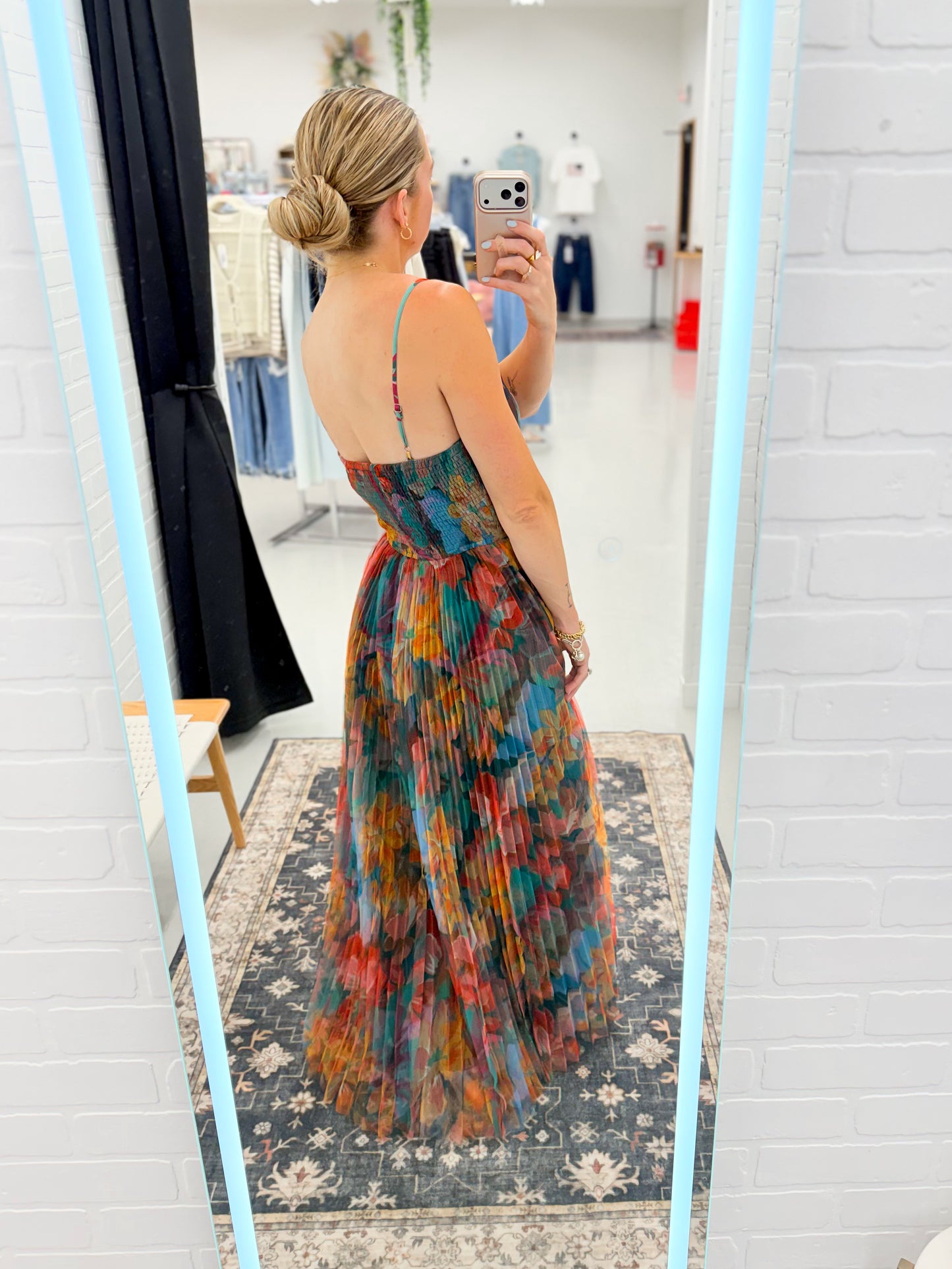 The Camille Pleated Floral Tulle Maxi Dress Multicolor