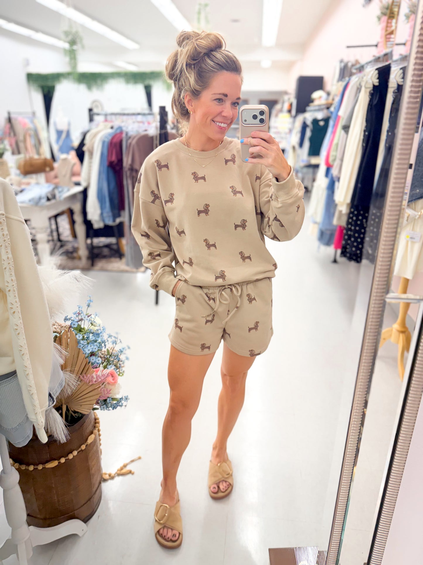 Dachshund Print Two Piece Set Mocha Brown