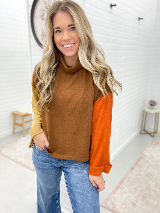 Giving Thanks Color Block Mock Neck Knit Sweater Brown