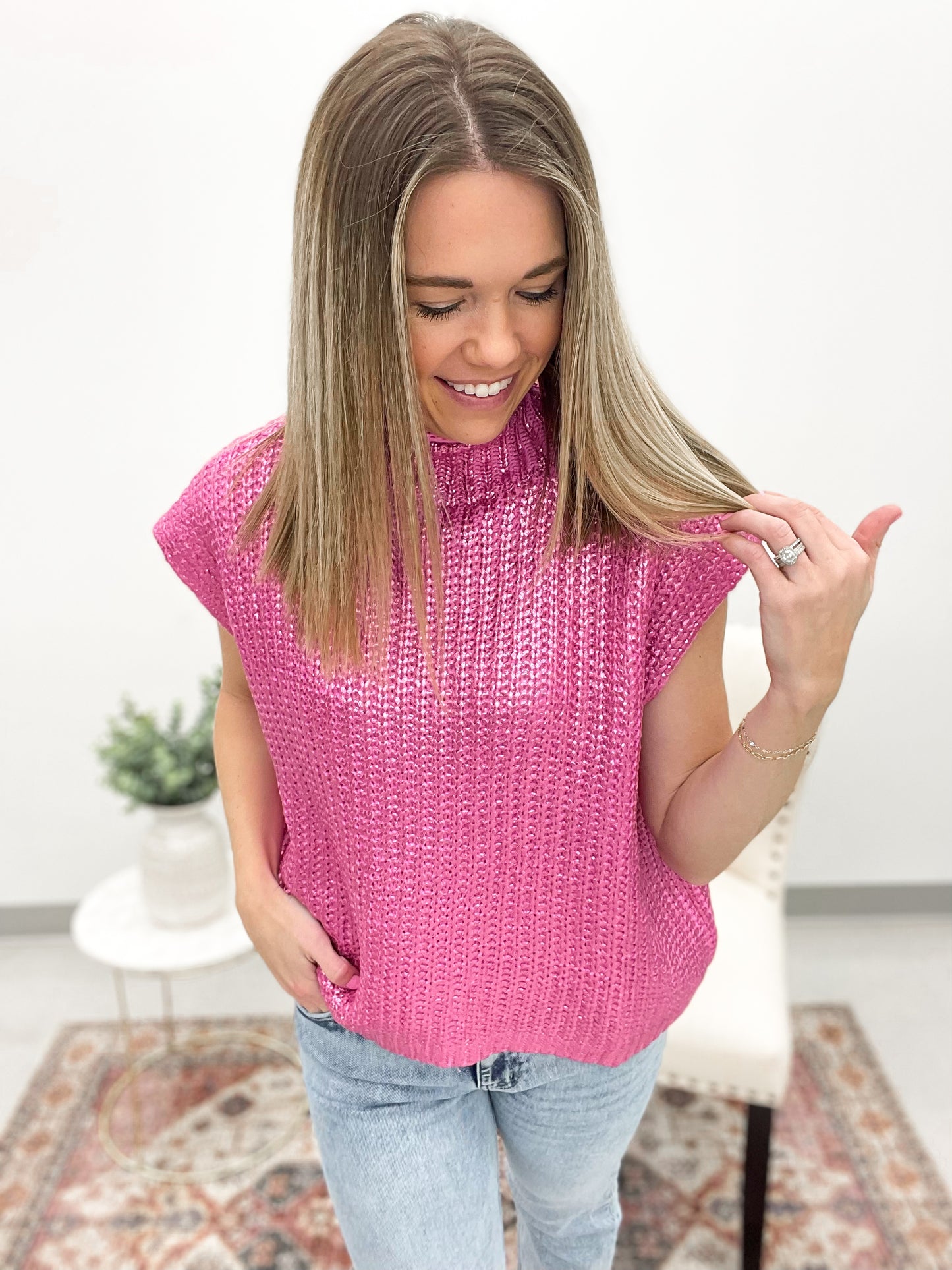 Something New Mock Neck Metallic Foil Top Candy Pink
