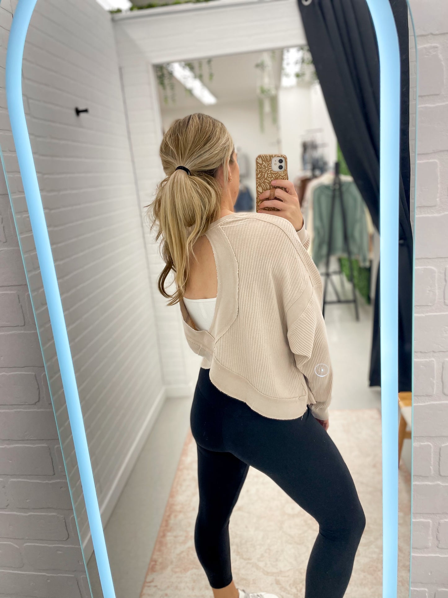 Her Time Waffle Knit Open Back Long Sleeve Top Dark Taupe