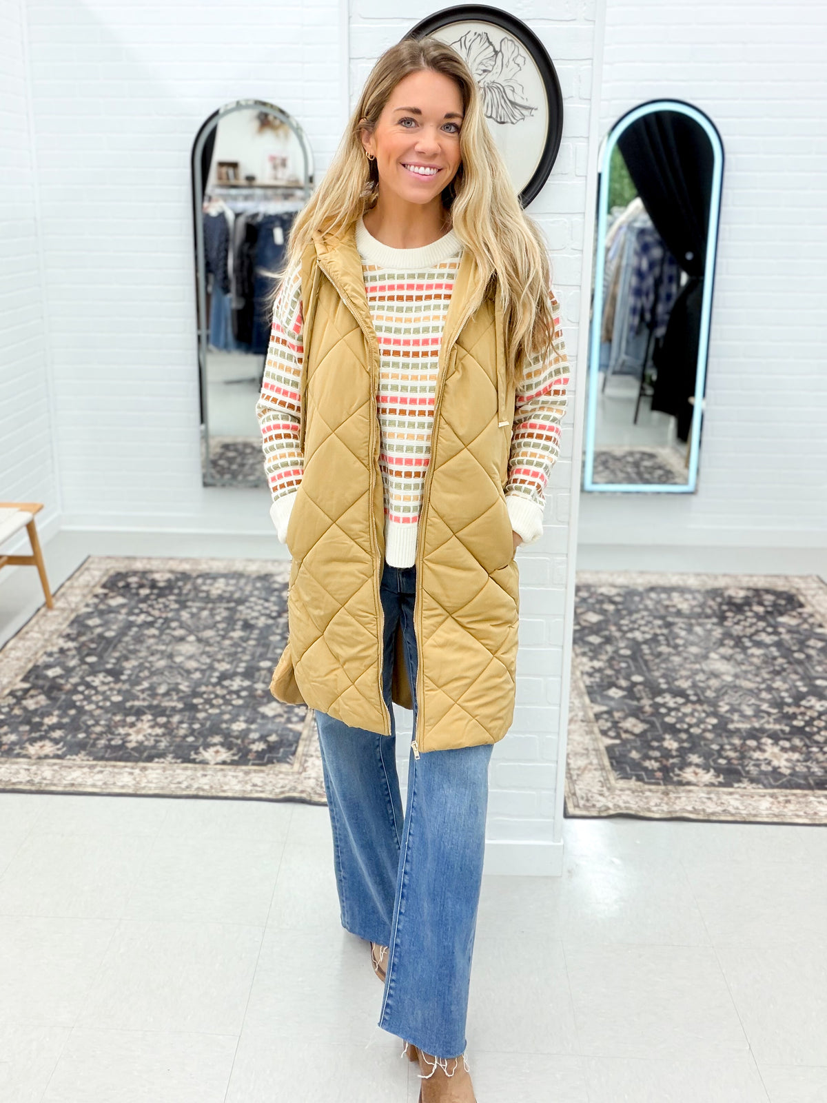 Bundle Up Quilted Puffer Long Hooded Vest Camel