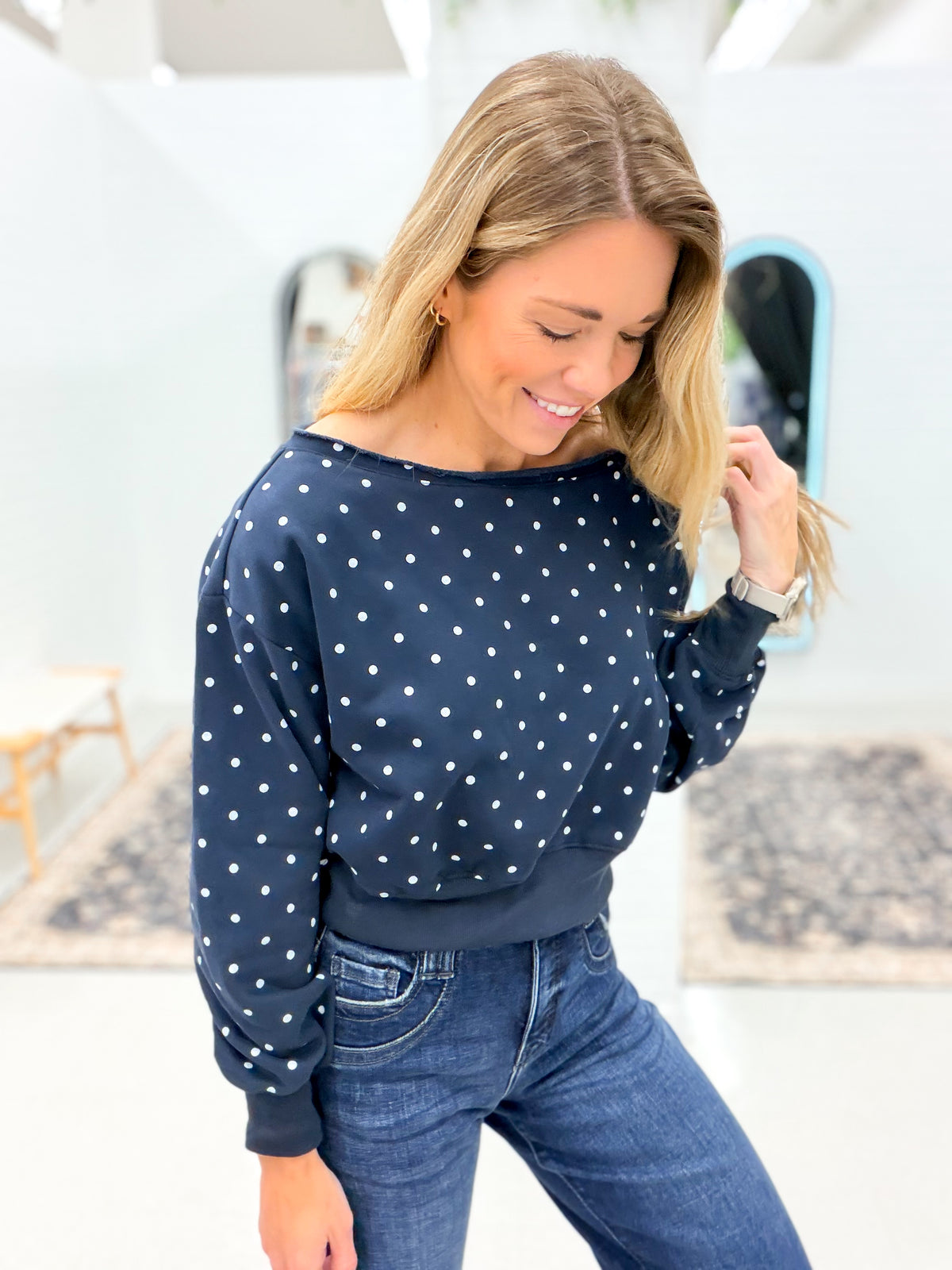 Stay Chic Polka Dot Off The Shoulder Sweatshirt Navy
