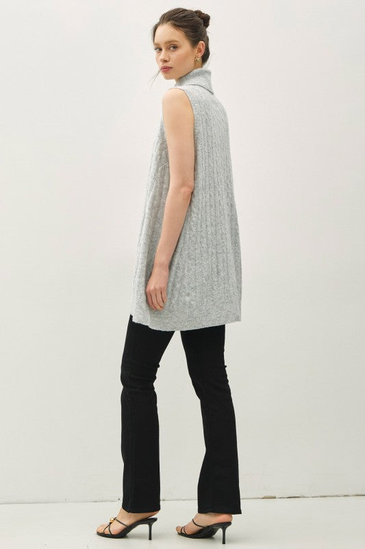 Good Day Cable Knit Cowl Neck Sleeveless Sweater Tunic Gray