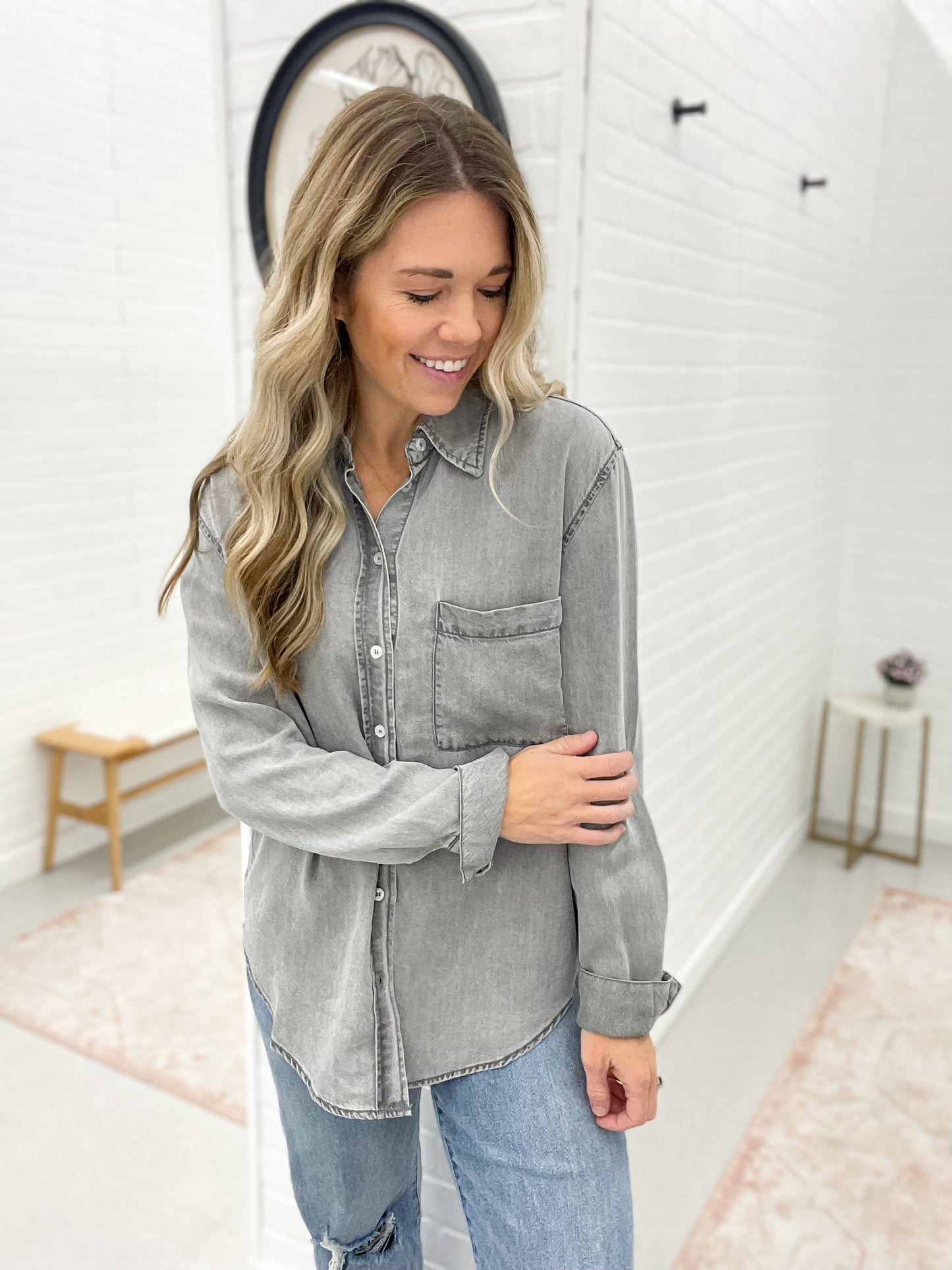 Go Together Button Down Shirt Gray Denim Wash