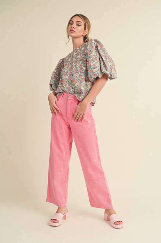 Sweet Pea Mineral Wash High Waist Straight Leg Pants Pink