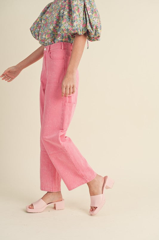 Sweet Pea Mineral Wash High Waist Straight Leg Pants Pink