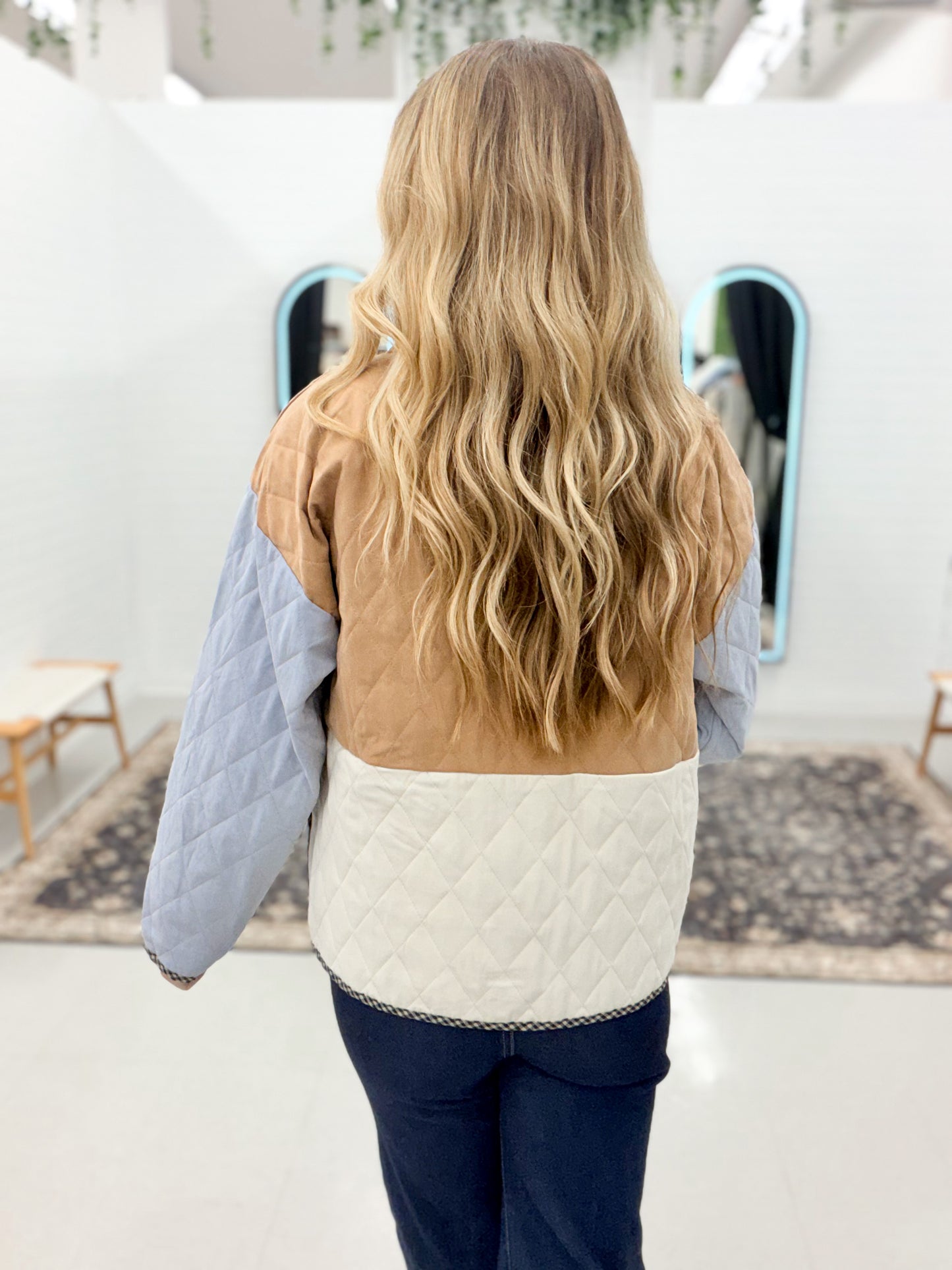 Hang On Quilted Color Block Button Jacket Taupe/Blue
