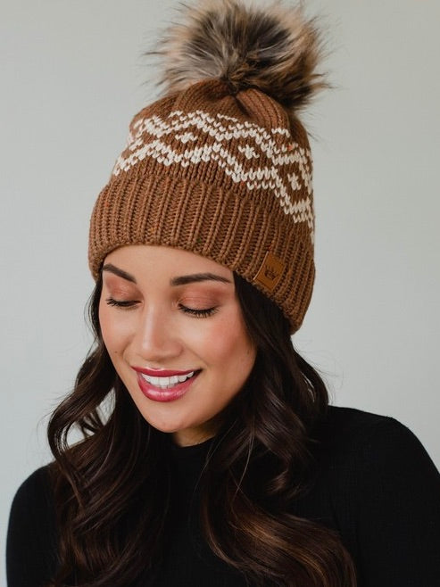 Brown and Speckled Pattern Pom Beanie Hat