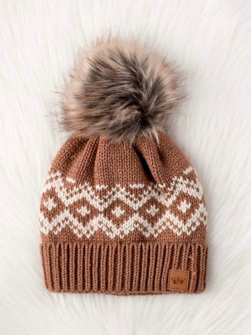 Brown and Speckled Pattern Pom Beanie Hat