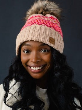 Blush, Pink and Orange Pattern Pom Beanie Hat