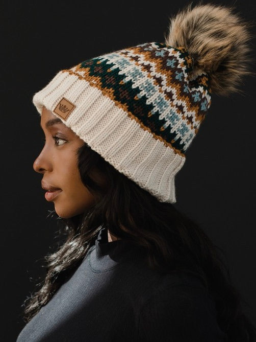 Cream and Multicolored Pattern Pom Beanie Hat