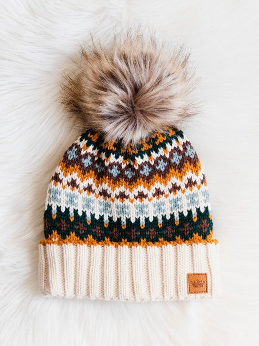 Cream and Multicolored Pattern Pom Beanie Hat