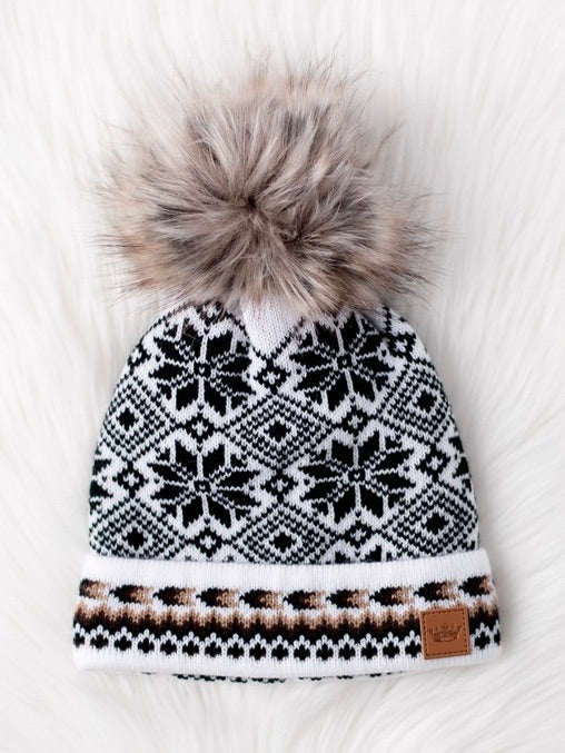 White, Black and Tan Pattern Pom Beanie Hat