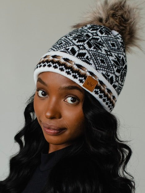 White, Black and Tan Pattern Pom Beanie Hat