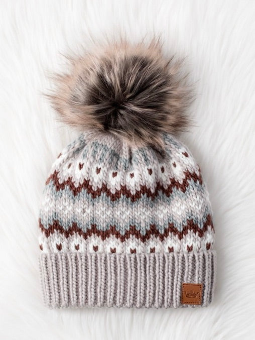 Taupe, Brown and White Pattern Pom Beanie Hat