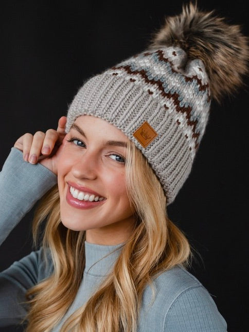 Taupe, Brown and White Pattern Pom Beanie Hat