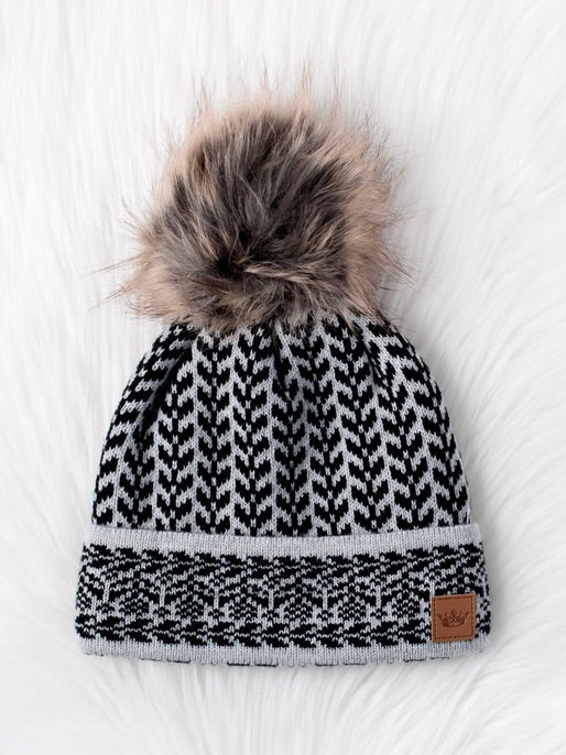 Light Gray and Black Pattern Pom Beanie Hat