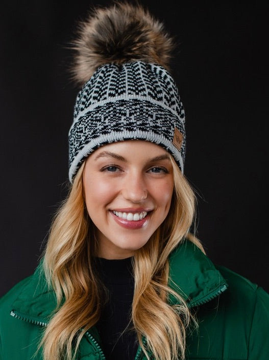 Light Gray and Black Pattern Pom Beanie Hat