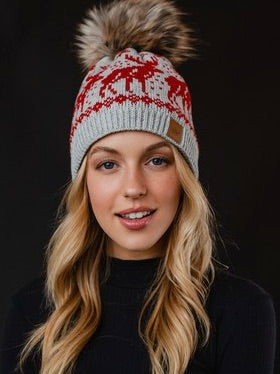 Red Reindeer and Light Gray Pom Beanie Hat