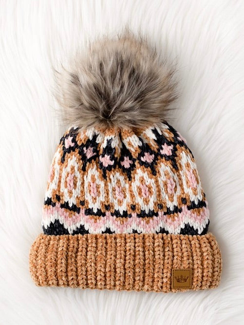 Camel and Multicolored Pattern Pom Beanie Hat