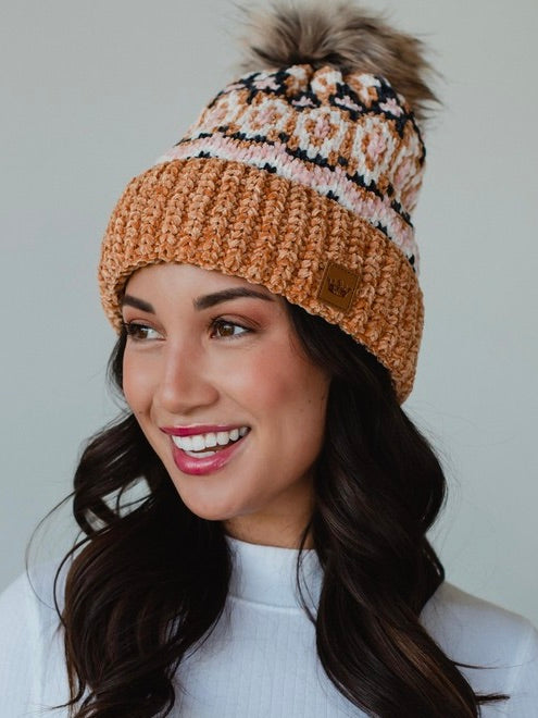 Camel and Multicolored Pattern Pom Beanie Hat