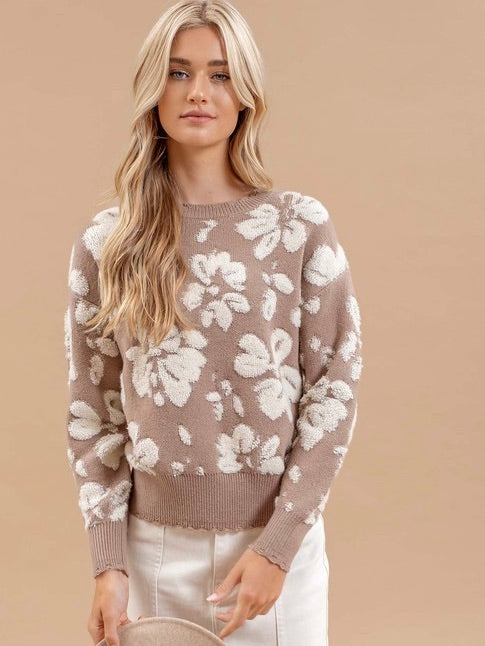 Premium View Floral Distressed Terry Knit Sweater Taupe