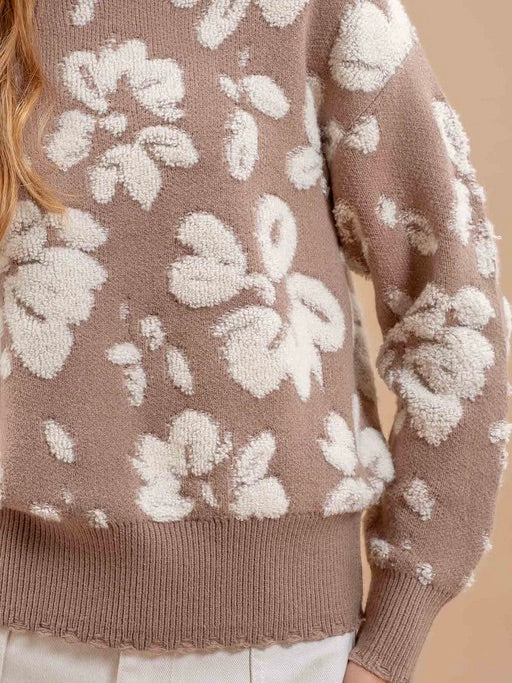 Premium View Floral Distressed Terry Knit Sweater Taupe