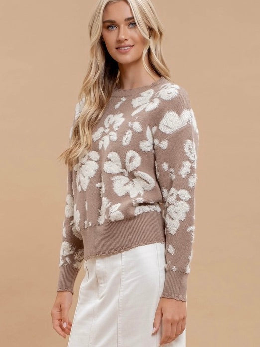 Premium View Floral Distressed Terry Knit Sweater Taupe