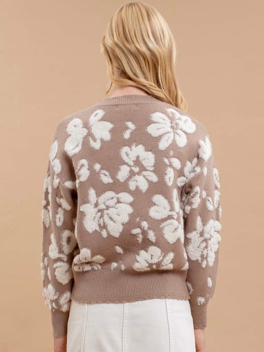 Premium View Floral Distressed Terry Knit Sweater Taupe