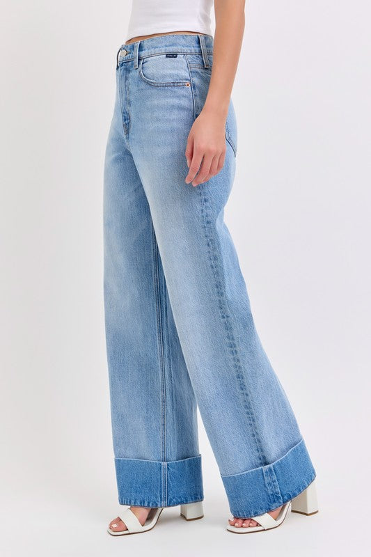 The Eden High Rise Wide Leg Cuffed Denim Medium Wash