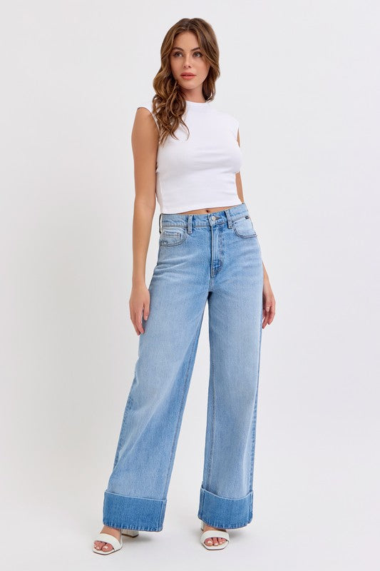 The Eden High Rise Wide Leg Cuffed Denim Medium Wash