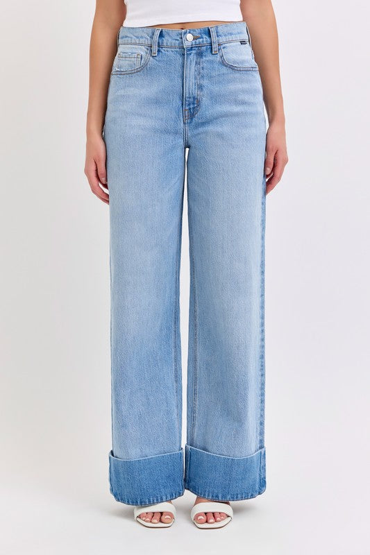 The Eden High Rise Wide Leg Cuffed Denim Medium Wash