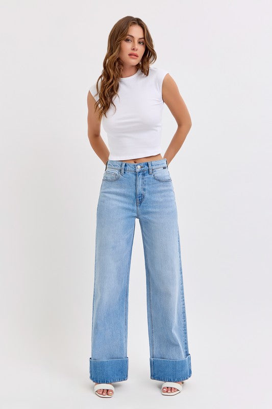 The Eden High Rise Wide Leg Cuffed Denim Medium Wash