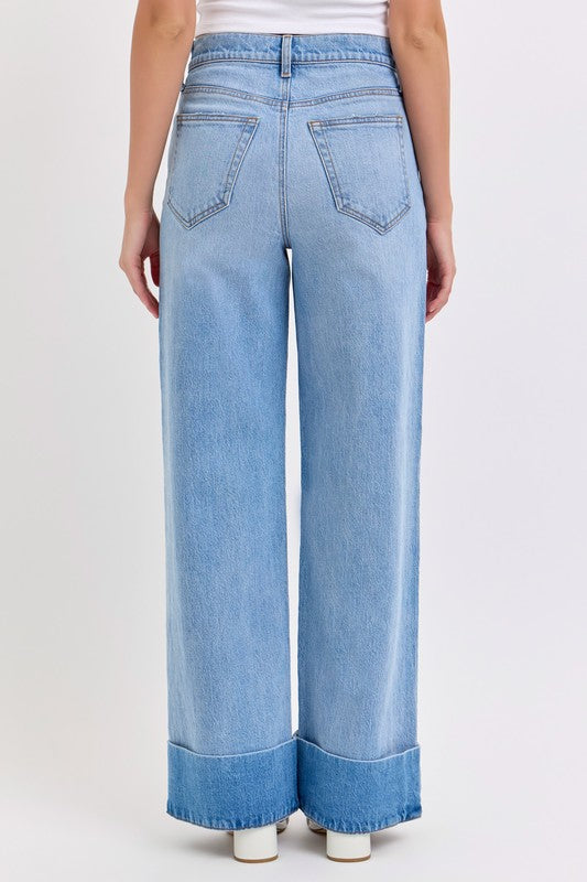 The Eden High Rise Wide Leg Cuffed Denim Medium Wash