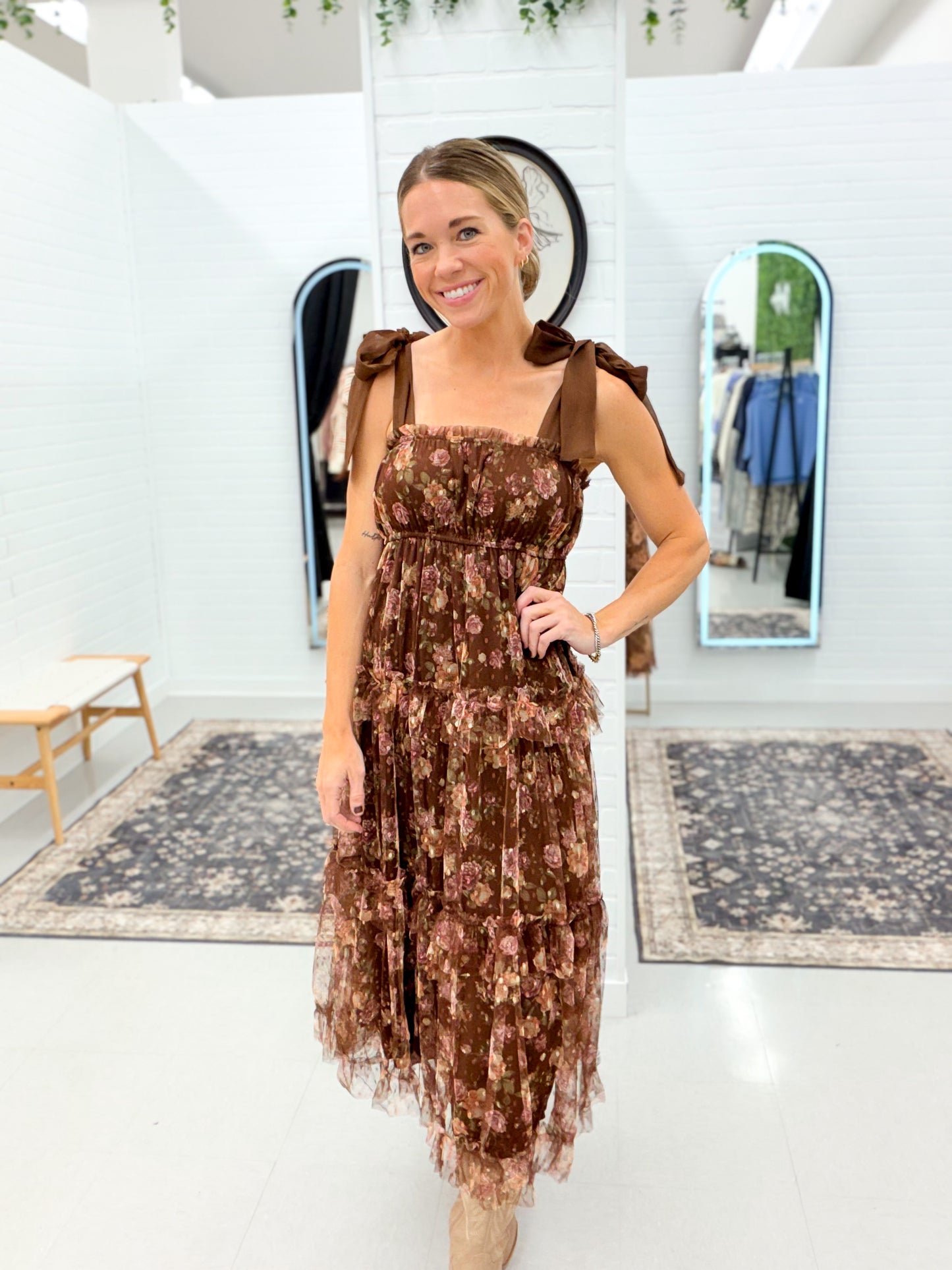 This Moment Floral Chiffon Tie Shoulder Tiered Midi Dress Brown
