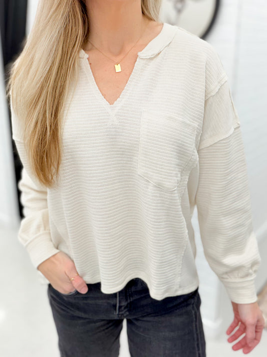 Still Got It Split V Neck Knit Top Cream